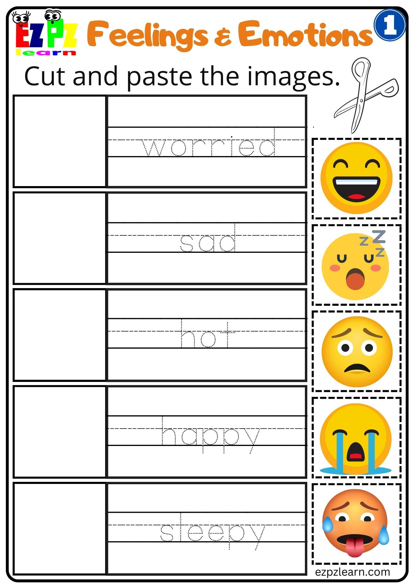 Feelings and Emotions Cut and Paste Worksheet for Children and ESL Students Free PDF Download